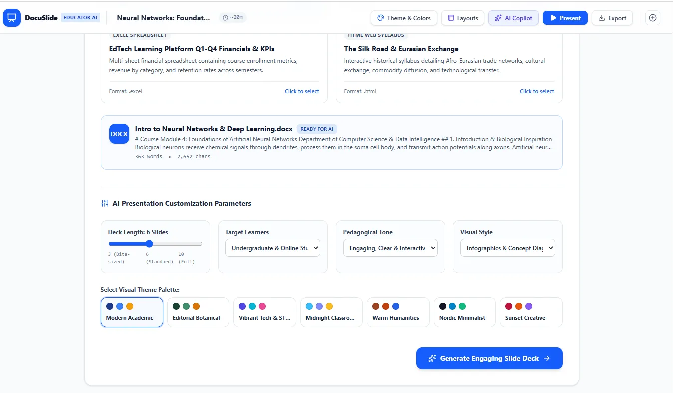 DocuSlide deck settings: a loaded DOCX lecture, controls for slide count, audience, tone and visual style, and 7 theme palettes