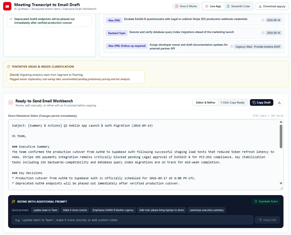 Tentative ideas flagged for clarification, and the ready-to-send email draft with a prompt bar for refining it