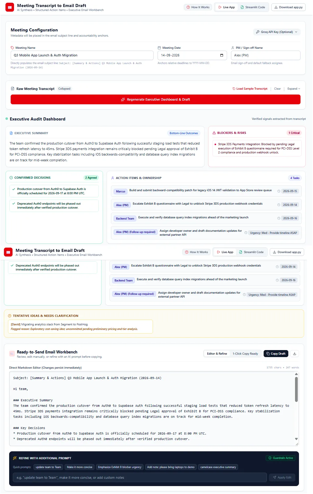 Full-page view of the app: meeting setup, audit dashboard, action items, tentative ideas and the editable email draft