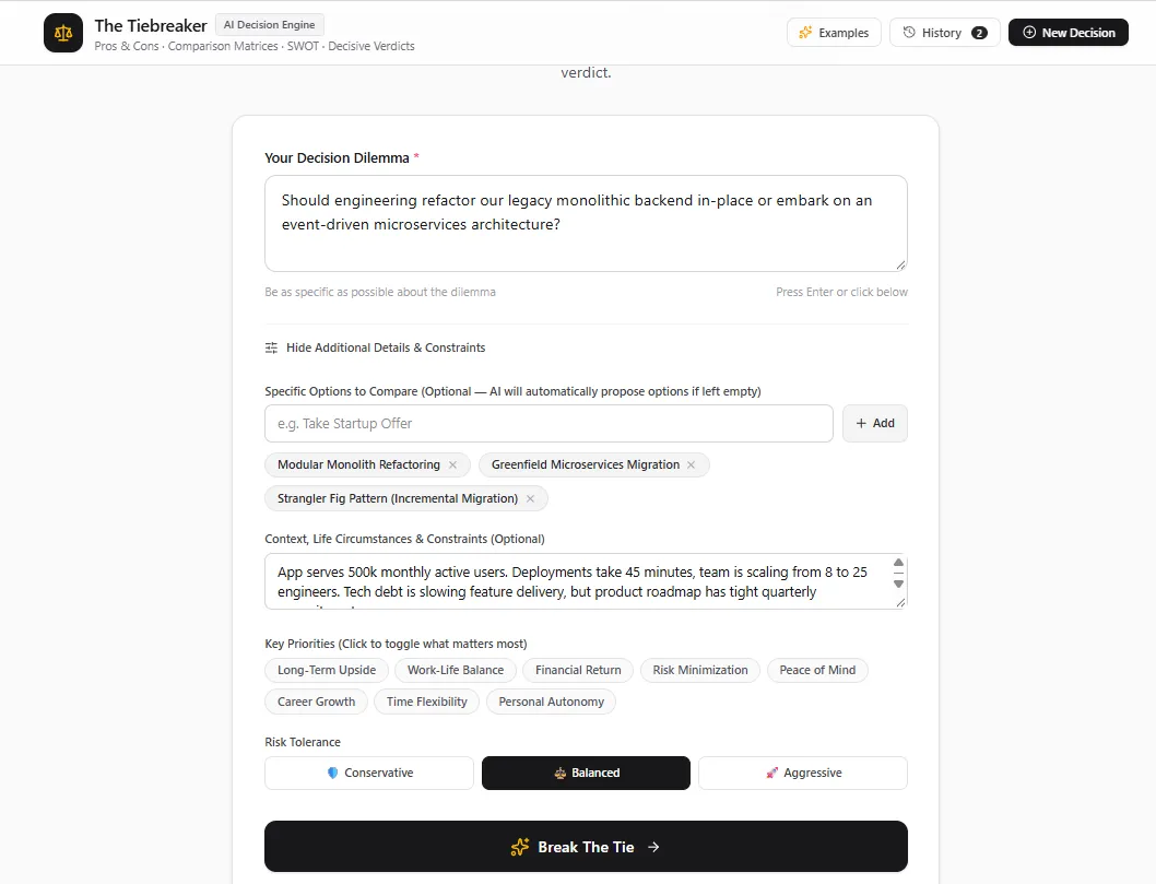 The decision form filled in with 3 options, team context, priorities and a balanced risk tolerance